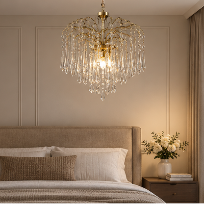 RoyaleGlow French Retro Water Drop Glass Chandelier - Brass Waterfall Crystal Hanging Light