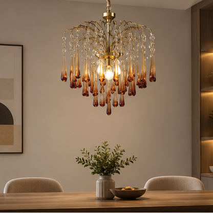 RoyaleGlow French Retro Water Drop Glass Chandelier - Brass Waterfall Crystal Hanging Light