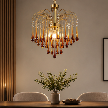RoyaleGlow French Retro Water Drop Glass Chandelier - Brass Waterfall Crystal Hanging Light