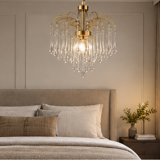 RoyaleGlow French Retro Water Drop Glass Chandelier - Brass Waterfall Crystal Hanging Light