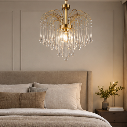 RoyaleGlow French Retro Water Drop Glass Chandelier - Brass Waterfall Crystal Hanging Light