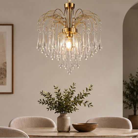 RoyaleGlow French Retro Water Drop Glass Chandelier - Brass Waterfall Crystal Hanging Light
