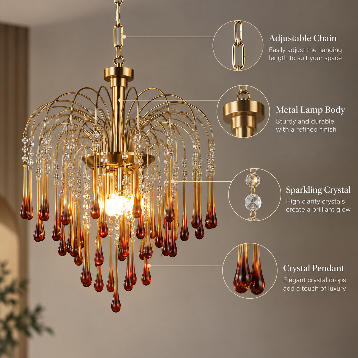 RoyaleGlow French Retro Water Drop Glass Chandelier - Brass Waterfall Crystal Hanging Light