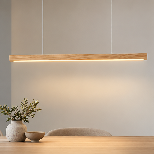 RoyaleGlow Modern Linear Wooden LED Pendant Light For Dining Room & Kitchen Island