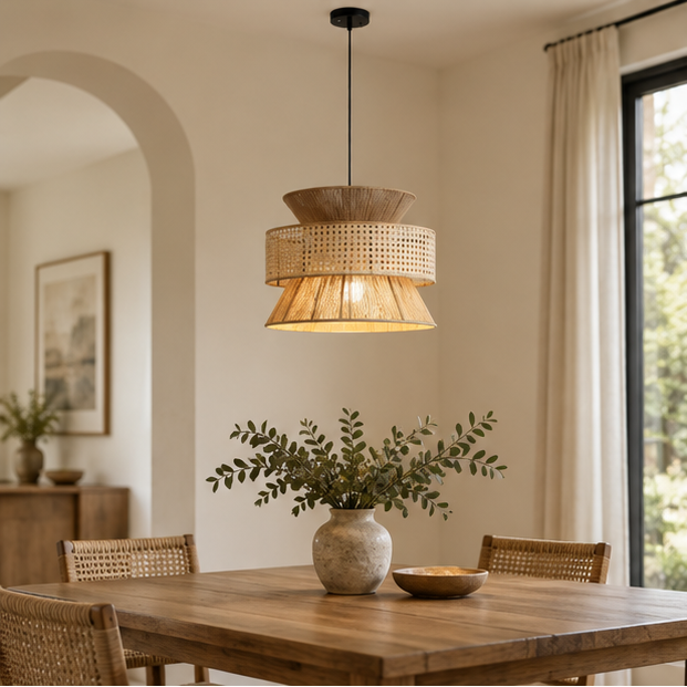 LuxRoyale Woven Rattan Pendant Light - Coastal Hanging Lamp for Dining, Kitchen Island