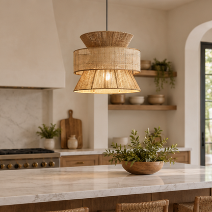 LuxRoyale Woven Rattan Pendant Light - Coastal Hanging Lamp for Dining, Kitchen Island