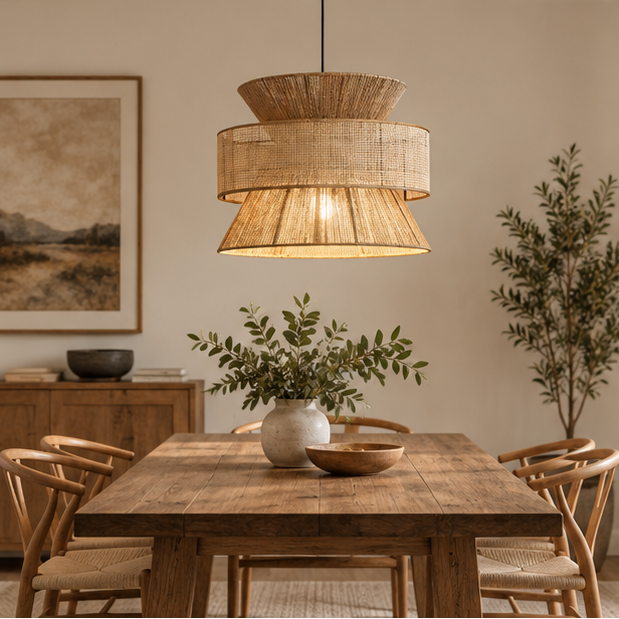 LuxRoyale Woven Rattan Pendant Light - Coastal Hanging Lamp for Dining, Kitchen Island
