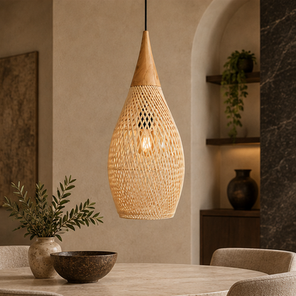 RoyaleGlow Woven Rattan Pendant Light Natural Bamboo Hanging Lamp Fixture For Dining Room