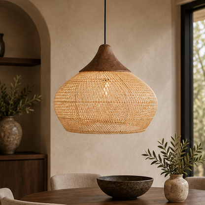 RoyaleGlow Woven Rattan Pendant Light Natural Bamboo Hanging Lamp Fixture For Dining Room