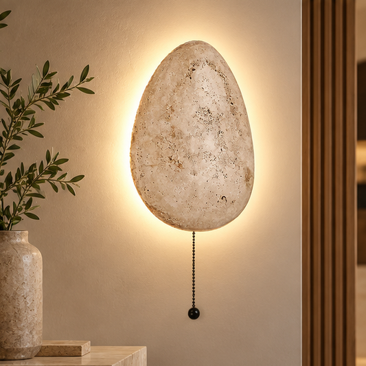LuxRoyale Natural Travertine Stone Wall Light - Wabi Sabi LED Sconce for Living Room - Royale Basic