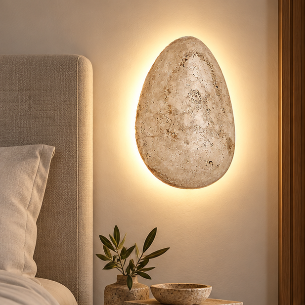 LuxRoyale Natural Travertine Stone Wall Light - Wabi Sabi LED Sconce for Living Room