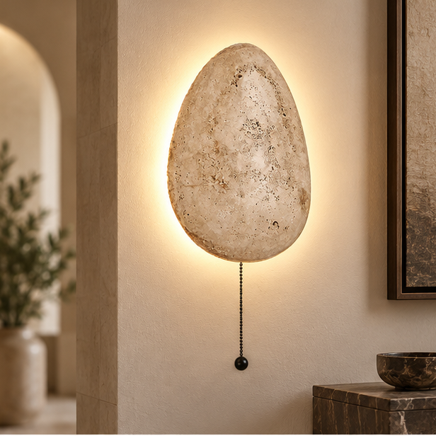 LuxRoyale Natural Travertine Stone Wall Light - Wabi Sabi LED Sconce for Living Room