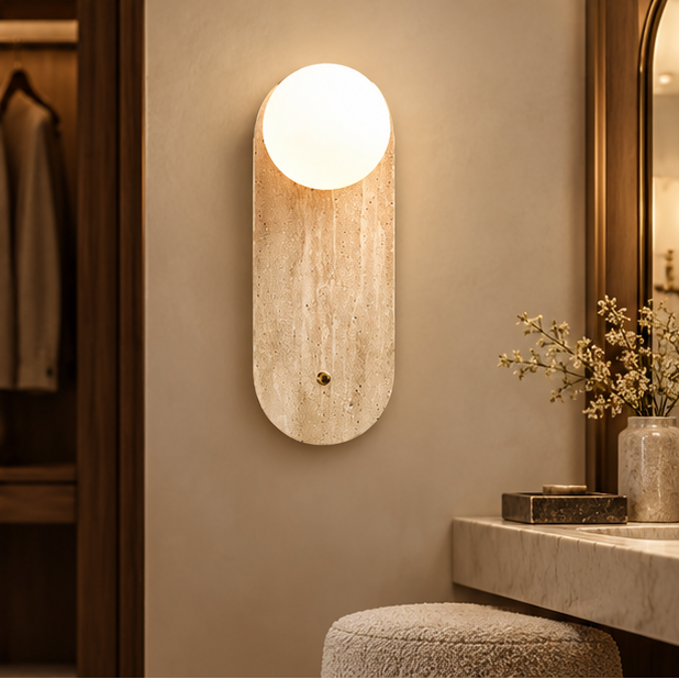 Royelux Natural Travertine Stone Wall Sconce - Modern Organic Round Bedside Light