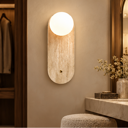 Royelux Natural Travertine Stone Wall Sconce - Modern Organic Round Bedside Light