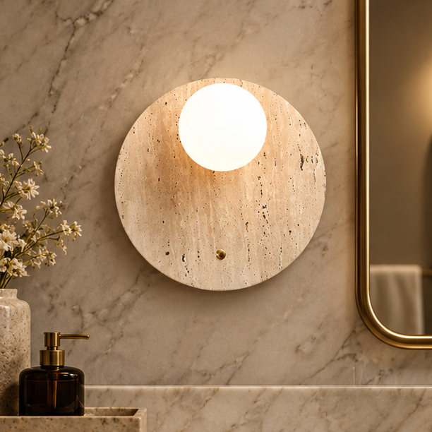 Royelux Natural Travertine Stone Wall Sconce - Modern Organic Round Bedside Light