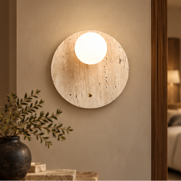 Royelux Natural Travertine Stone Wall Sconce - Modern Organic Round Bedside Light