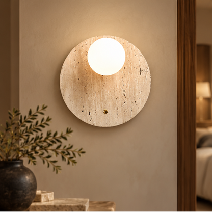 Royelux Natural Travertine Stone Wall Sconce - Modern Organic Round Bedside Light