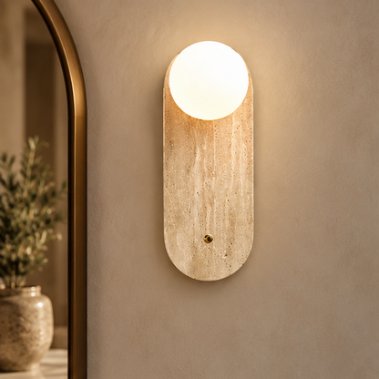 Royelux Natural Travertine Stone Wall Sconce - Modern Organic Round Bedside Light