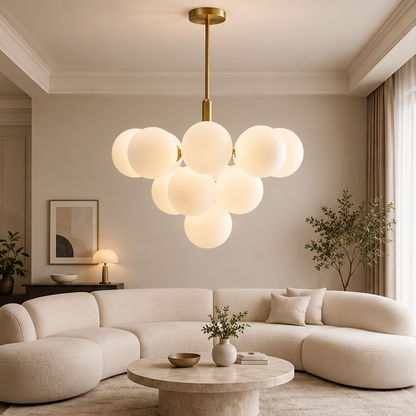 Royelux Modern Brass Globe Chandelier - Frosted Glass Hanging Ceiling Light Fixture