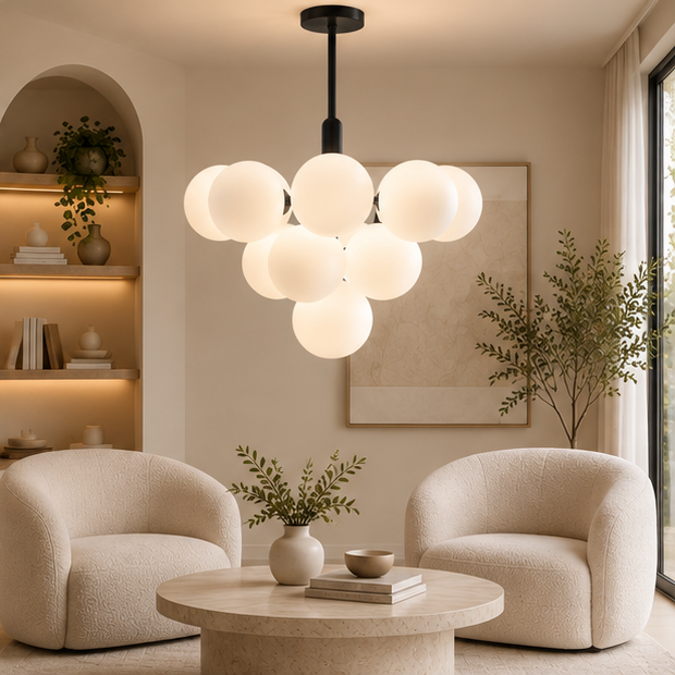 Royelux Modern Brass Globe Chandelier - Frosted Glass Hanging Ceiling Light Fixture