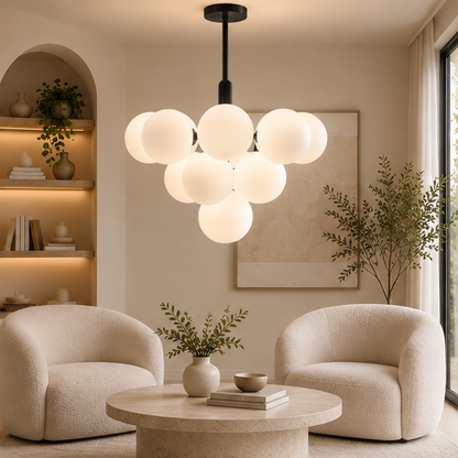 Royelux Modern Brass Globe Chandelier - Frosted Glass Hanging Ceiling Light Fixture