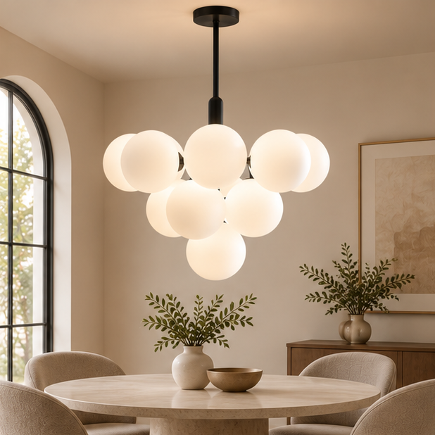 Royelux Modern Brass Globe Chandelier - Frosted Glass Hanging Ceiling Light Fixture