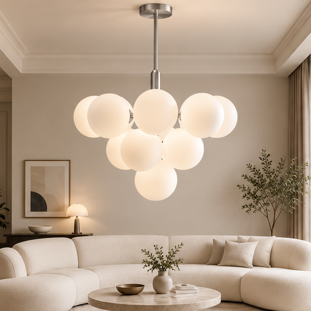 Royelux Modern Brass Globe Chandelier - Frosted Glass Hanging Ceiling Light Fixture