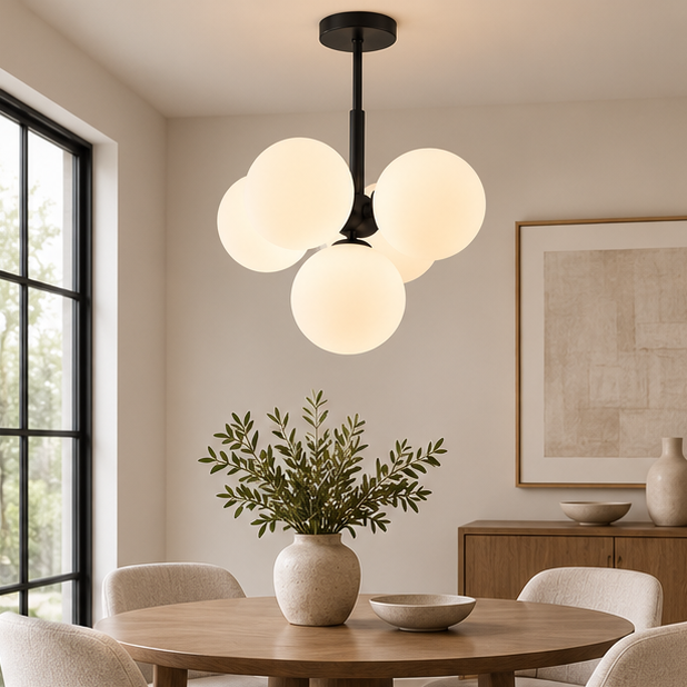 Royelux Modern Brass Globe Chandelier - Frosted Glass Hanging Ceiling Light Fixture