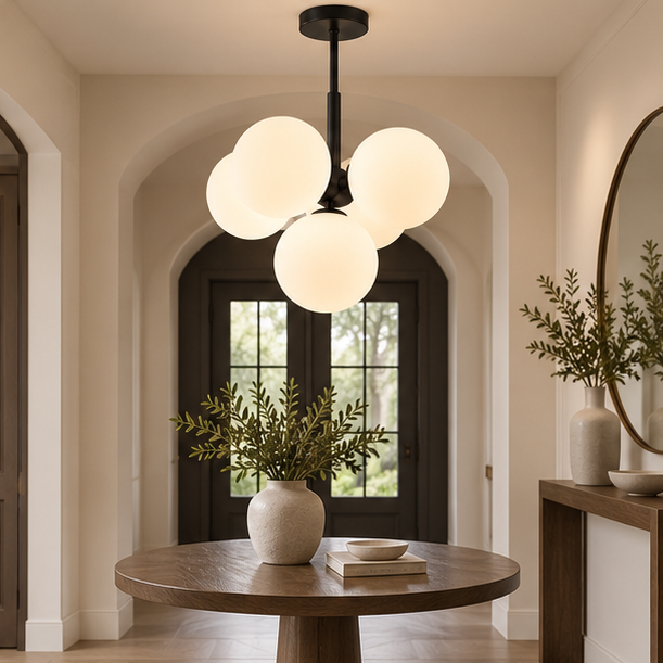 Royelux Modern Brass Globe Chandelier - Frosted Glass Hanging Ceiling Light Fixture
