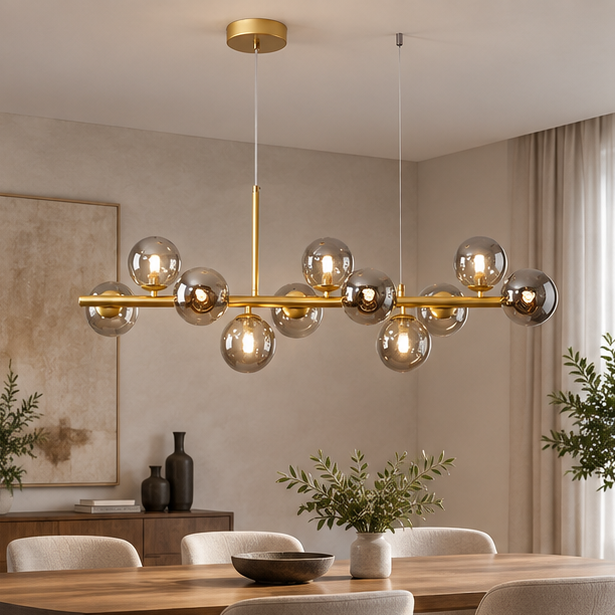 RoyaleGlow Modern Glass Globe Linear Chandelier for Living Room, Kitchen, Restaurant & Bar