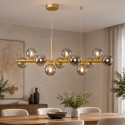 RoyaleGlow Modern Glass Globe Linear Chandelier for Living Room, Kitchen, Restaurant & Bar