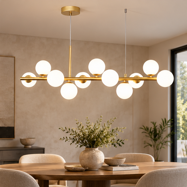 RoyaleGlow Modern Glass Globe Linear Chandelier for Living Room, Kitchen, Restaurant & Bar
