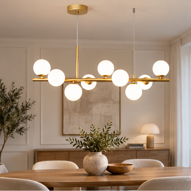 RoyaleGlow Modern Glass Globe Linear Chandelier for Living Room, Kitchen, Restaurant & Bar