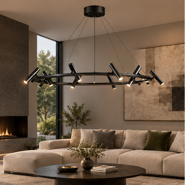 RoyaleGlow Modern Black Ring Chandelier - Adjustable Hanging LED Light Fixture