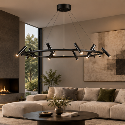 RoyaleGlow Modern Black Ring Chandelier - Adjustable Hanging LED Light Fixture