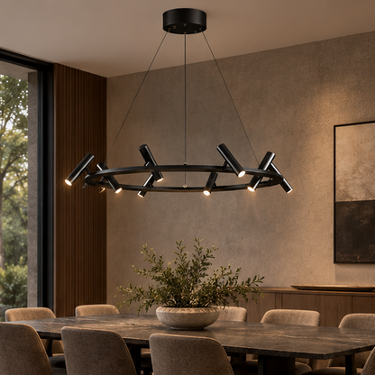 RoyaleGlow Modern Black Ring Chandelier - Adjustable Hanging LED Light Fixture