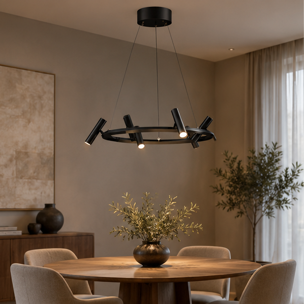 RoyaleGlow Modern Black Ring Chandelier - Adjustable Hanging LED Light Fixture