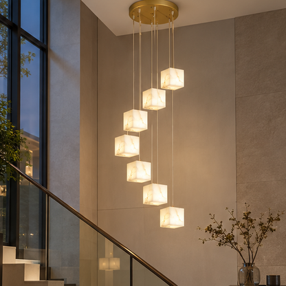 RoyaleGlow Modern Alabaster Cube Pendant Light - Long Chandelier for Dining & Staircase