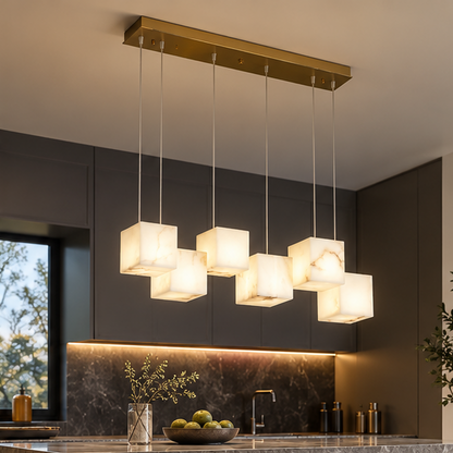 RoyaleGlow Modern Alabaster Cube Pendant Light - Long Chandelier for Dining & Staircase
