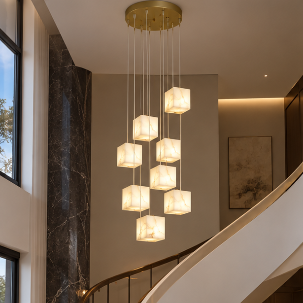 RoyaleGlow Modern Alabaster Cube Pendant Light - Long Chandelier for Dining & Staircase