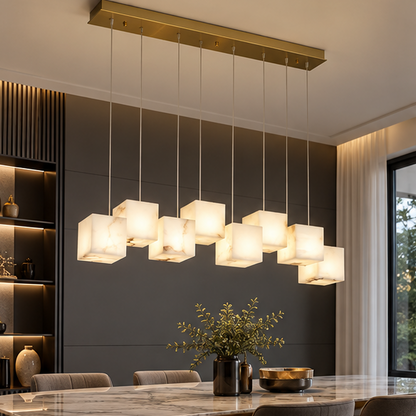 RoyaleGlow Modern Alabaster Cube Pendant Light - Long Chandelier for Dining & Staircase