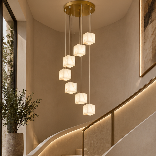 RoyaleGlow Modern Alabaster Cube Pendant Light - Long Chandelier for Dining & Staircase