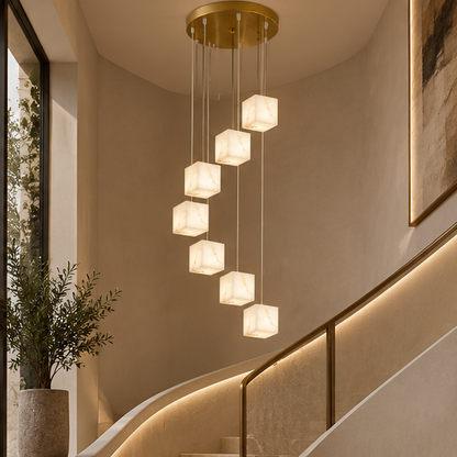 RoyaleGlow Modern Alabaster Cube Pendant Light - Long Chandelier for Dining & Staircase