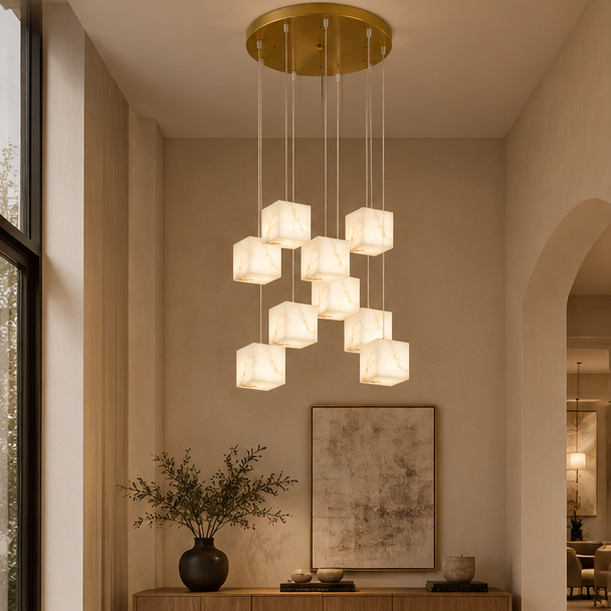 RoyaleGlow Modern Alabaster Cube Pendant Light - Long Chandelier for Dining & Staircase