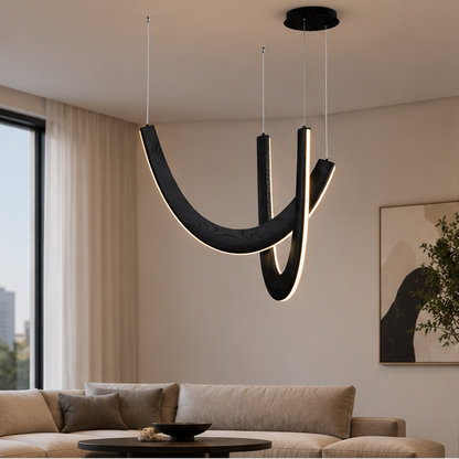 RoyaleGlow Modern Curved Wood LED Pendant Light - Artistic Dining Room Chandelier