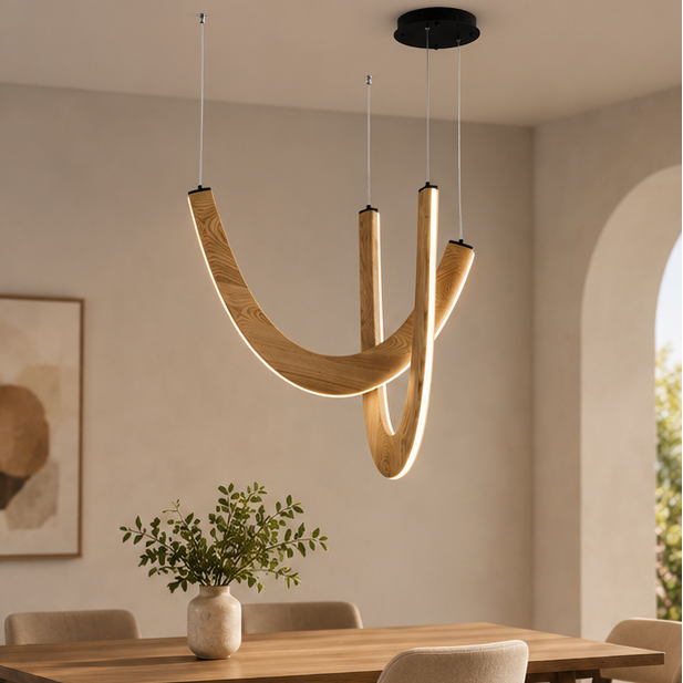 RoyaleGlow Modern Curved Wood LED Pendant Light - Artistic Dining Room Chandelier