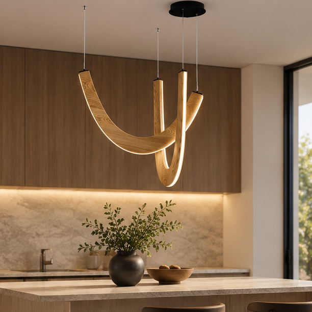 RoyaleGlow Modern Curved Wood LED Pendant Light - Artistic Dining Room Chandelier