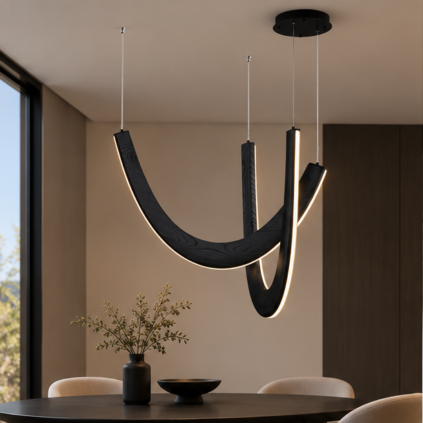 RoyaleGlow Modern Curved Wood LED Pendant Light - Artistic Dining Room Chandelier