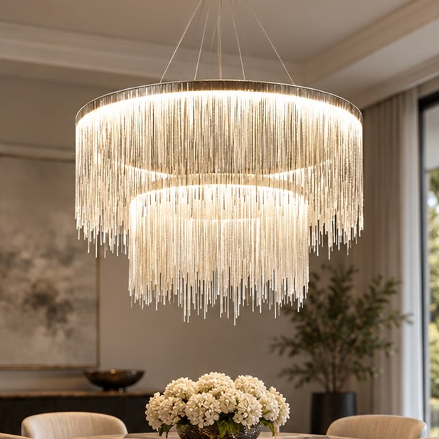 RoyaleGlow Modern LED Pendant Light - Satin Nickel Finish Living Room Chandelier