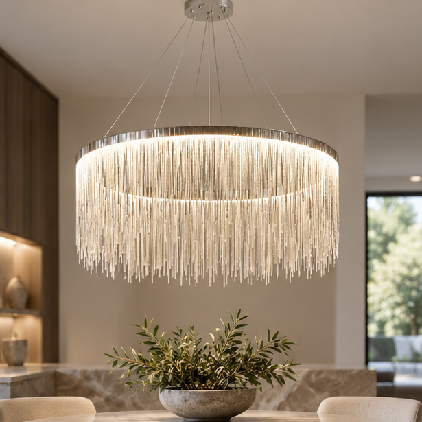 RoyaleGlow Modern LED Pendant Light - Satin Nickel Finish Living Room Chandelier